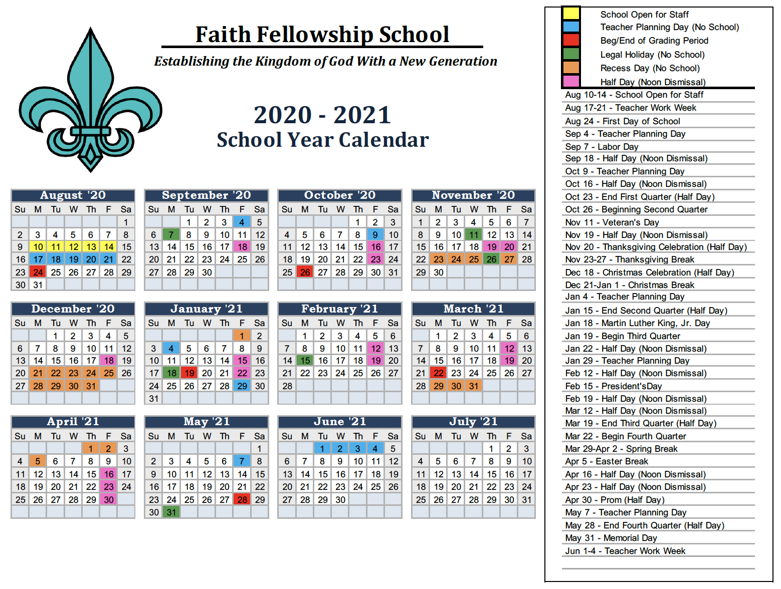 Calendars & Schedules Faith Fellowship School